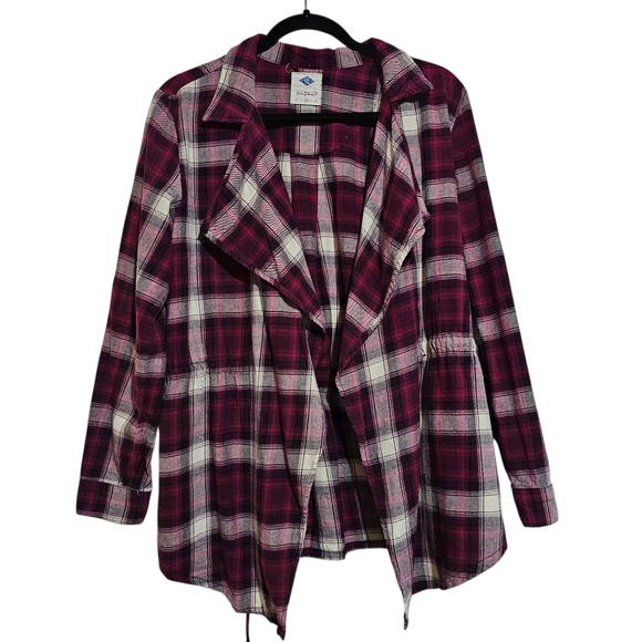 Sadie Robertson Plaid Open Front Jacket 100% Cotton Burgundy And White Medium - Picture 1 of 16